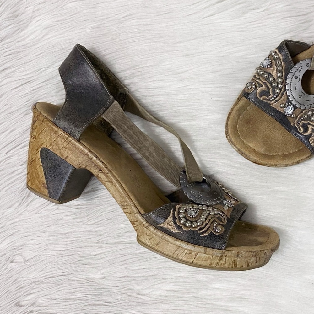 Rieker Roberta Silver Embellished Ring Elasticized Strap Peep Toe Sandal Heels